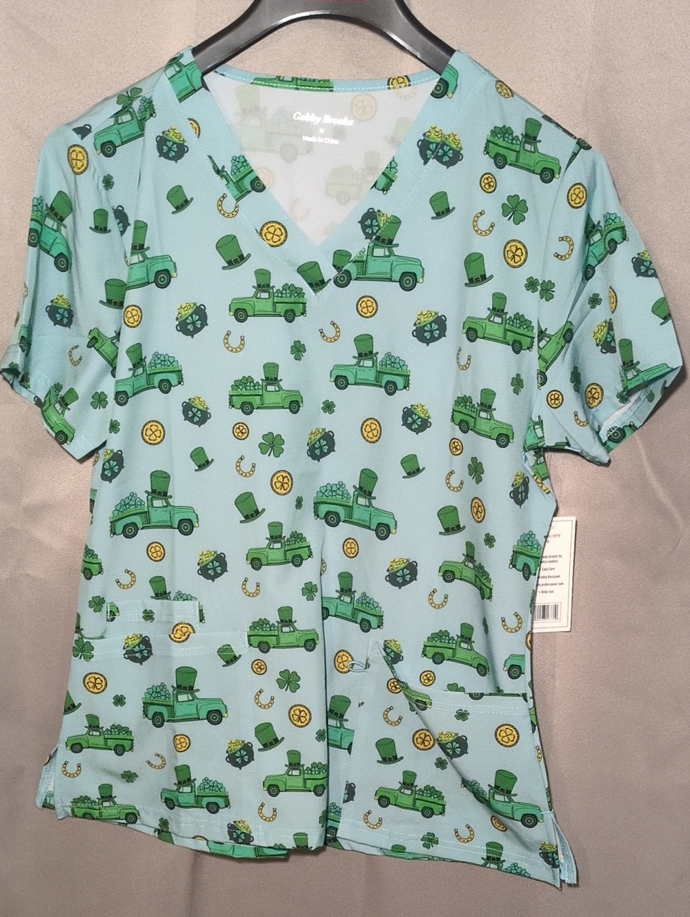 St. Patrick's Scrub Top with Green Truck Print